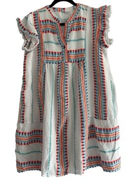 Grace & Karma Boho Embroidered Aztec Stripe Tunic Dress White/Multicolor Size XL